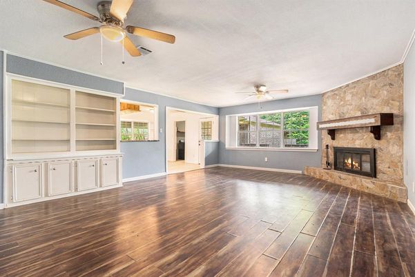 Empty room, Fireplace, Interior, Stone Walls, Wood Texture Flooring