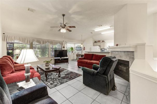 Fireplace, Interior, Kitchen, Living room, Pendant Lights
