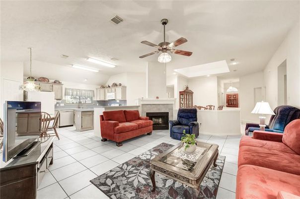 Fireplace, Interior, Kitchen, Living room, Pendant Lights, Recessed Lighting