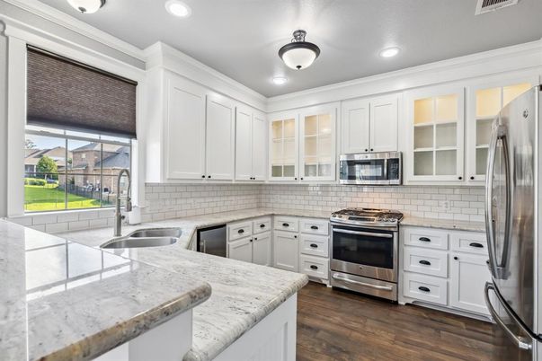 Interior, Kitchen, Recessed Lighting, Stainless Steel Appliances, Wood Texture Flooring