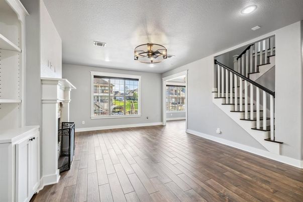 Chandelier, Empty room, Interior, Recessed Lighting, Wood Texture Flooring