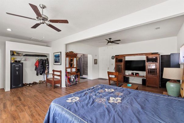 Bedroom, Interior, Recessed Lighting, Wood Texture Flooring