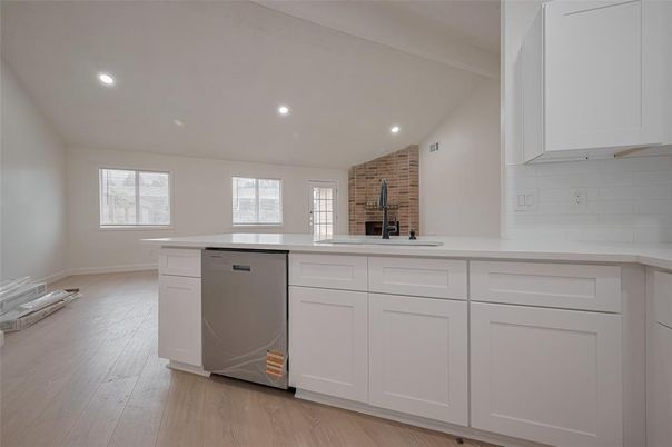 Interior, Kitchen, Recessed Lighting, Stone Walls, Wood Texture Flooring