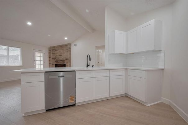 Interior, Kitchen, Recessed Lighting, Stone Walls, Wood Texture Flooring