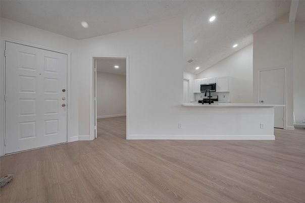 Empty room, Interior, Kitchen, Recessed Lighting, Wood Texture Flooring
