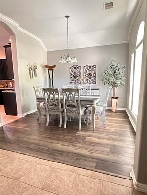 Chandelier, Dining room, Interior, Wood Texture Flooring