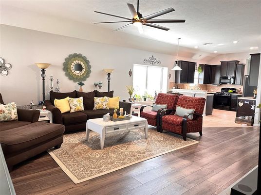 Interior, Kitchen, Living room, Pendant Lights, Recessed Lighting, Wood Texture Flooring