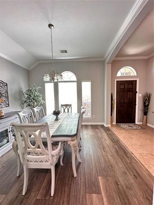 Chandelier, Dining room, Interior, Wood Texture Flooring