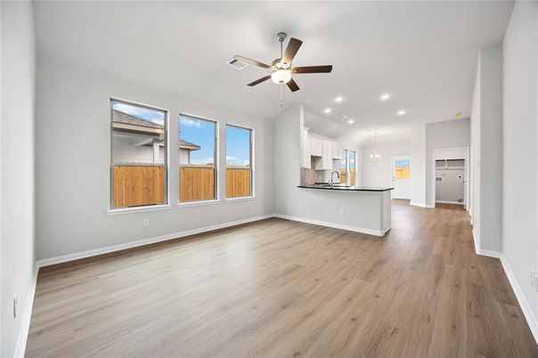 Empty room, Interior, Kitchen, Pendant Lights, Recessed Lighting, Wood Texture Flooring