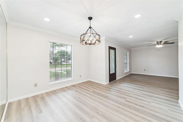 Chandelier, Empty room, Interior, Recessed Lighting, Wood Texture Flooring