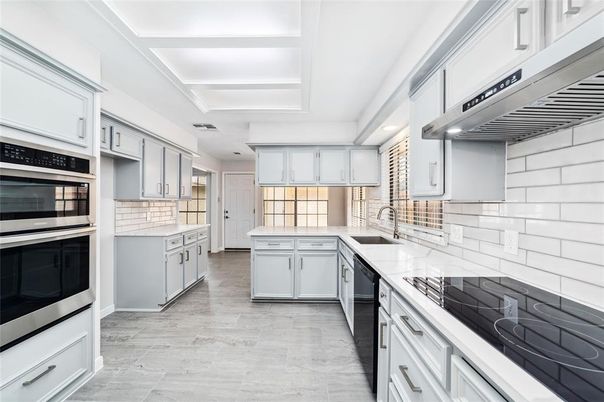 Interior, Kitchen, Recessed Lighting, Stainless Steel Appliances, Wood Texture Flooring