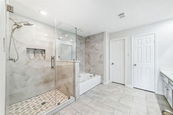 Bathroom, Glass Shower, Interior, Marble Walls, Recessed Lighting