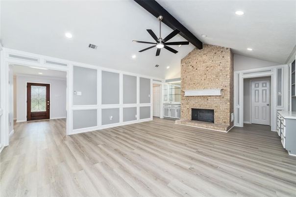 Empty room, Fireplace, Interior, Recessed Lighting, Wood Texture Flooring