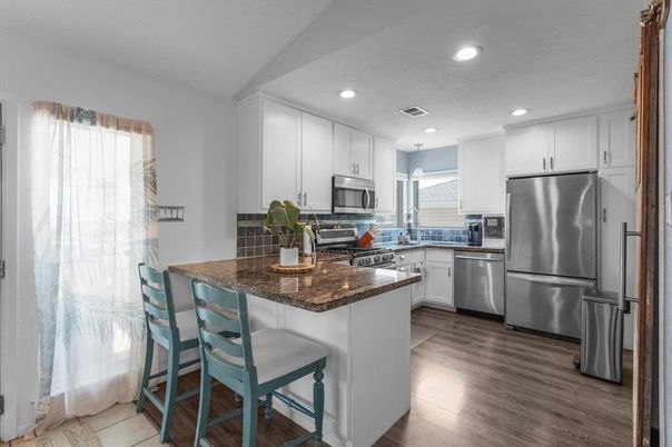 Interior, Kitchen, Recessed Lighting, Stainless Steel Appliances, Wood Texture Flooring