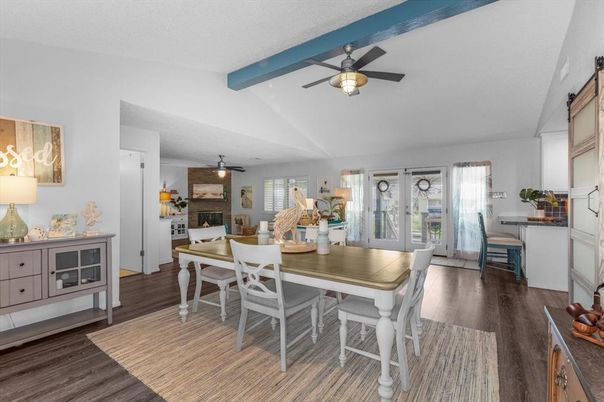 Dining room, Fireplace, Interior, Wooden Beams, Wood Texture Flooring