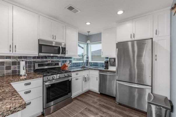 Interior, Kitchen, Pendant Lights, Recessed Lighting, Stainless Steel Appliances, Wood Texture Flooring