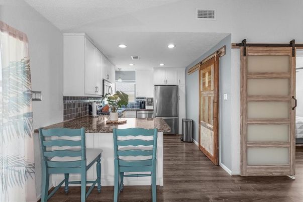 Interior, Kitchen, Recessed Lighting, Stainless Steel Appliances, Wood Texture Flooring