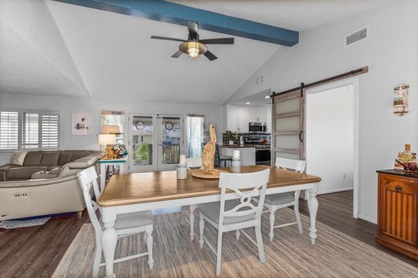Dining room, Interior, Kitchen, Living room, Recessed Lighting, Stainless Steel Appliances, Wood Texture Flooring