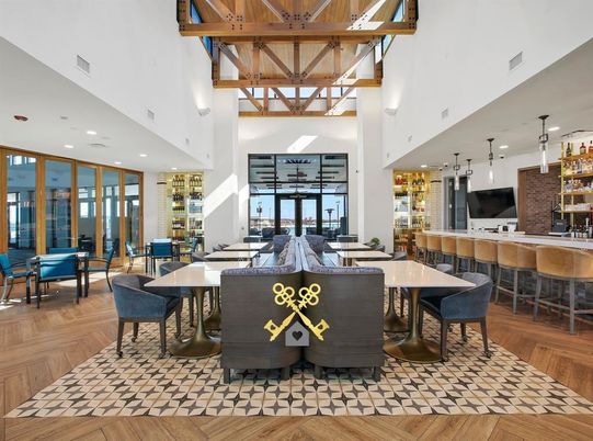 Dining room, Interior, Pendant Lights, Recessed Lighting, Wooden Beams, Wood Texture Flooring