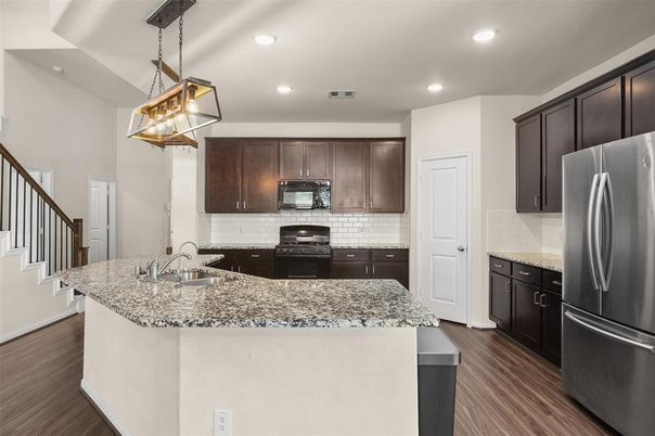 Interior, Kitchen, Pendant Lights, Recessed Lighting, Stainless Steel Appliances, Wood Texture Flooring