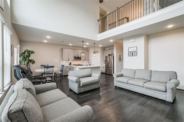 Dining room, Interior, Kitchen, Living room, Pendant Lights, Recessed Lighting, Stainless Steel Appliances, Wood Texture Flooring