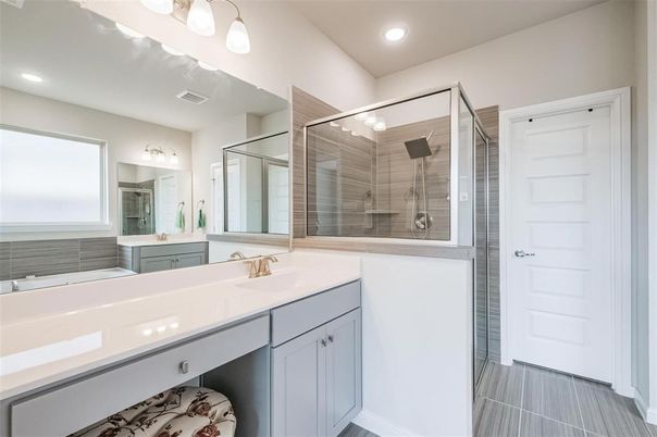 Bathroom, Dual Sink Vanities, Glass Shower, Interior, Recessed Lighting