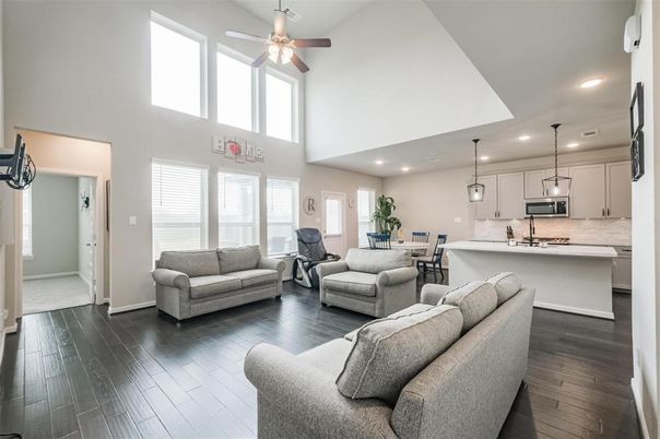 Dining room, Interior, Kitchen, Living room, Pendant Lights, Recessed Lighting, Wood Texture Flooring