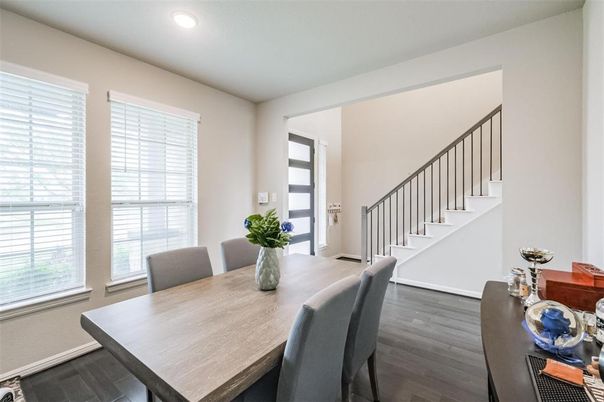 Dining room, Interior, Recessed Lighting, Wood Texture Flooring