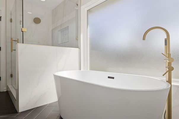 Bathroom, Free Standing Baths, Glass Shower, Interior, Marble Walls