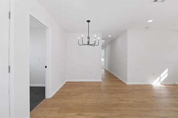 Chandelier, Empty room, Interior, Pendant Lights, Recessed Lighting, Wood Texture Flooring