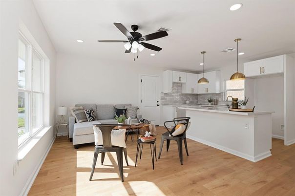 Dining room, Interior, Kitchen, Living room, Pendant Lights, Recessed Lighting, Wood Texture Flooring