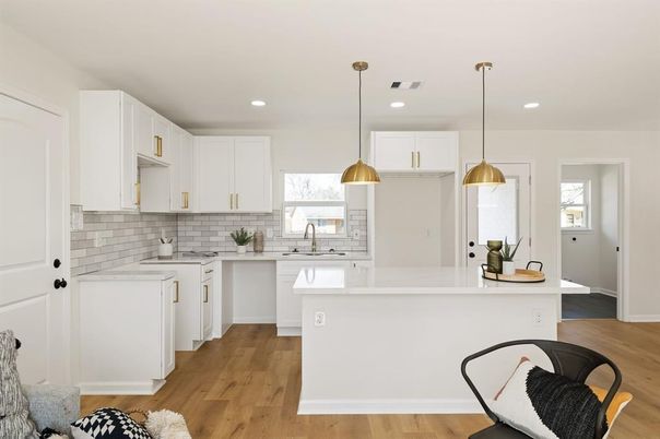 Interior, Kitchen, Pendant Lights, Recessed Lighting, Wood Texture Flooring