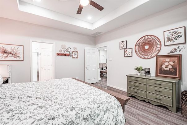 Bedroom, Interior, Recessed Lighting, Wood Texture Flooring