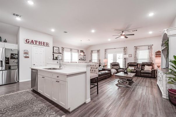 Interior, Kitchen, Living room, Pendant Lights, Recessed Lighting, Wood Texture Flooring