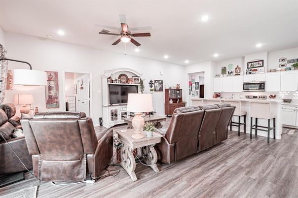 Interior, Kitchen, Living room, Recessed Lighting, Stainless Steel Appliances, Wood Texture Flooring