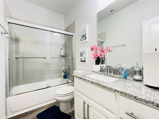Bathroom, Glass Shower, Interior, Wood Texture Flooring