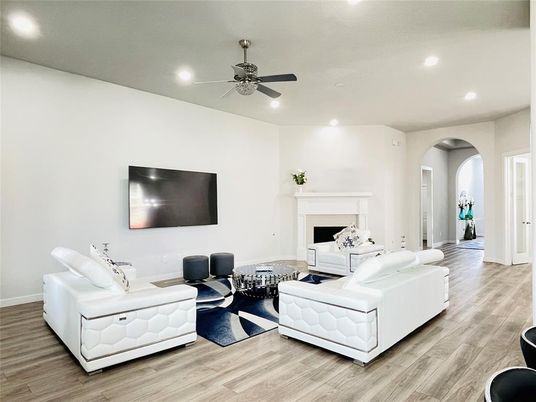 Fireplace, Interior, Living room, Recessed Lighting, Wood Texture Flooring