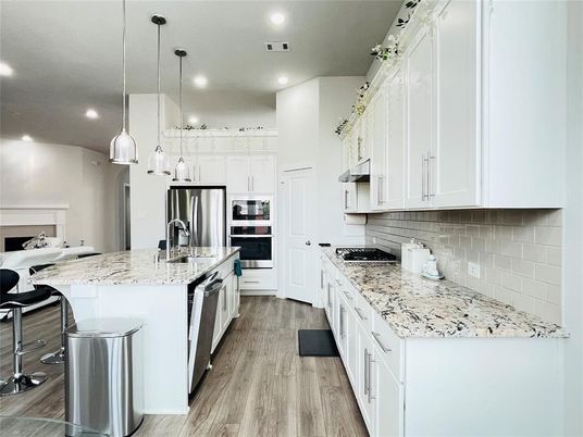 Interior, Kitchen, Pendant Lights, Recessed Lighting, Stainless Steel Appliances, Wood Texture Flooring