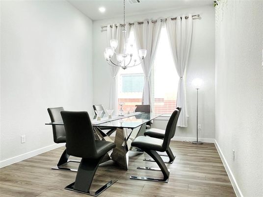 Chandelier, Dining room, Interior, Recessed Lighting, Wood Texture Flooring