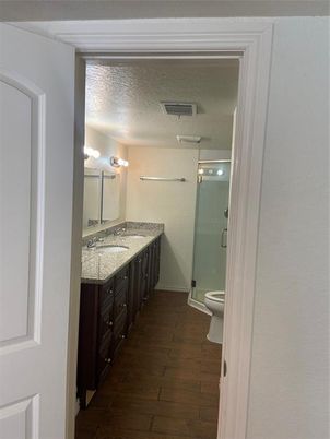 Bathroom, Glass Shower, Interior, Wood Texture Flooring