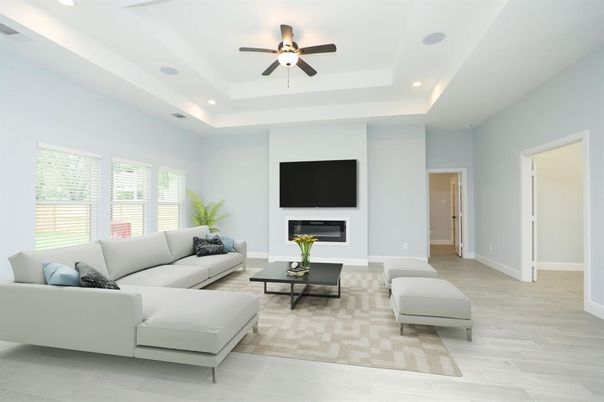 Fireplace, Interior, Living room, Recessed Lighting, Wood Texture Flooring