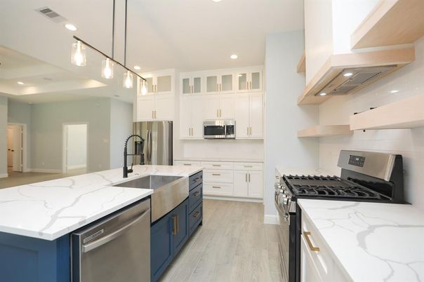 Interior, Kitchen, Pendant Lights, Recessed Lighting, Stainless Steel Appliances, Wood Texture Flooring