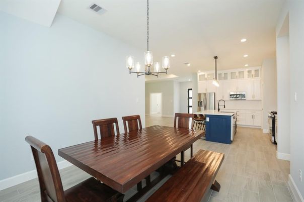Dining room, Interior, Kitchen, Pendant Lights, Recessed Lighting, Wood Texture Flooring