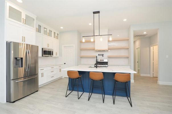 Interior, Kitchen, Pendant Lights, Recessed Lighting, Stainless Steel Appliances, Wood Texture Flooring
