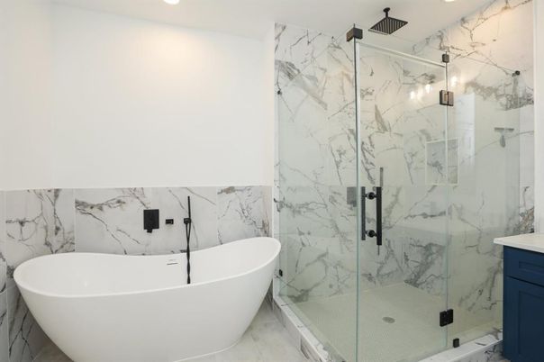 Bathroom, Free Standing Baths, Glass Shower, Interior, Marble Walls, Recessed Lighting