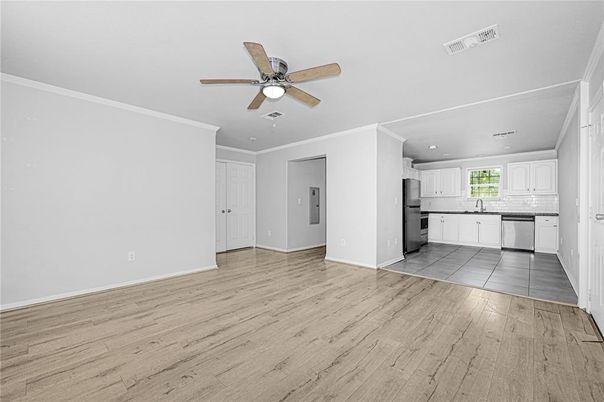 Empty room, Interior, Kitchen, Recessed Lighting, Wood Texture Flooring
