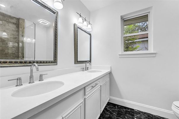 Bathroom, Dual Sink Vanities, Glass Shower, Interior, Marble