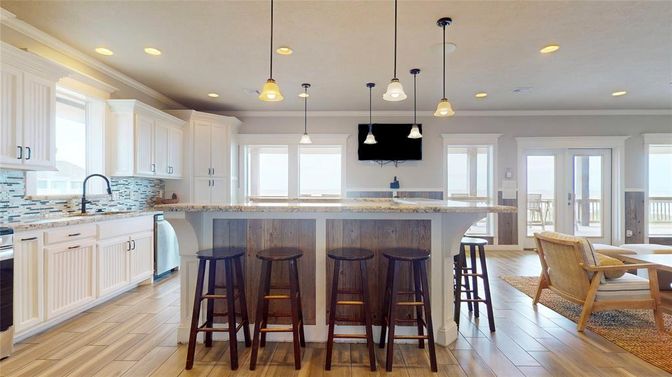 Interior, Kitchen, Pendant Lights, Recessed Lighting, Wood Texture Flooring