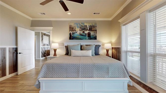Bedroom, Interior, Recessed Lighting, Wood Texture Flooring