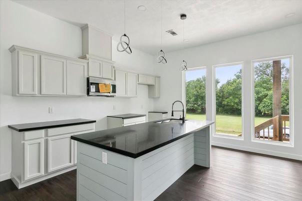 Interior, Kitchen, Pendant Lights, Wood Texture Flooring